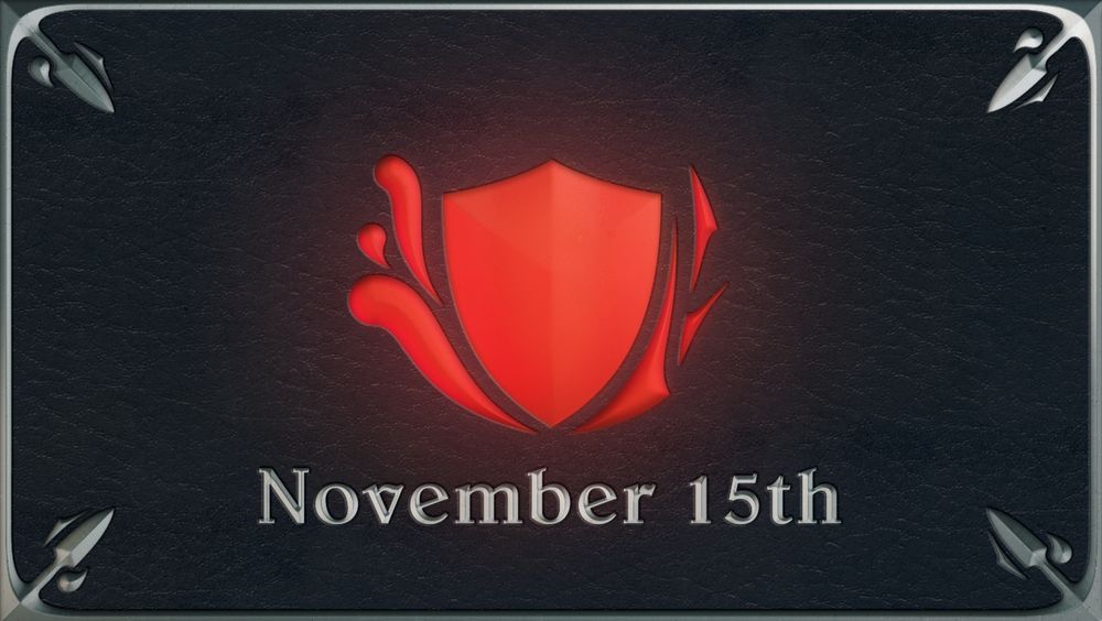 A surface of dark blue leather is embellished with metal and gems. The gems glow red, set into the surface in an arrangement that resembles a shield with various energies flowing off of it. The metal, a silvery grey, borders the image— ornamented corners like the heads of spears pointing toward the center. Just below the shield in metallic lettering is "November 15th".