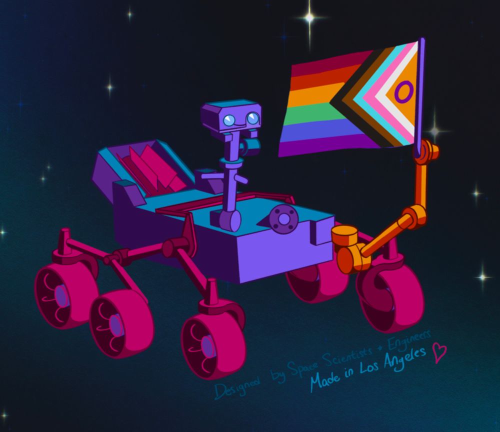 A sketch of a colorful Mars rover holding an inclusive pride flag in its robot arm. It’s very stylized, colorful, and got a little smile. It’s on a starry background.