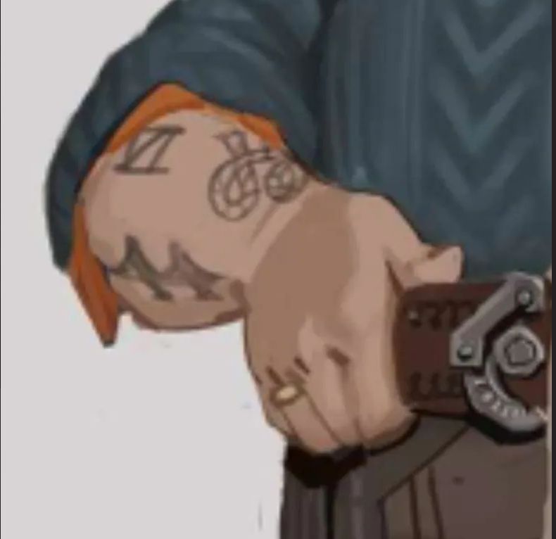 screenshot closeup of Vander from concept art by moulinbleu
of a wedding ring on his right hand