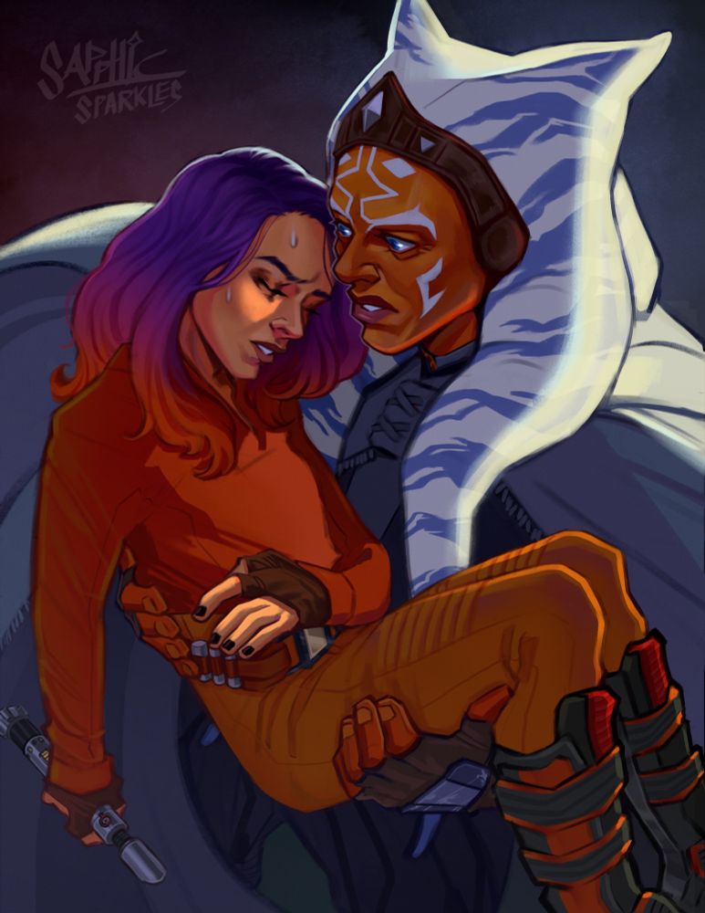 he moment after Sabine has been stabbed and passed out from the Ahsoka series episode 1 when Ahsoka rescues her. Perspective from slightly above, Ahsoka holds Sabine in her arms, looking at her with distress and concern as her poncho flows about them both in the wind, Sabine is is sweating and in pain, her hair flowing over her shoulder, one hand covering the place she's been stabbed, the other hangs down still gripping her lightsaber. There is a bright light from Ahsoka's ship hitting Ahsoka from behind and the side, an edge of light hitting Sabine as well. The artist signature is in the top left corner: sapphicsparkles