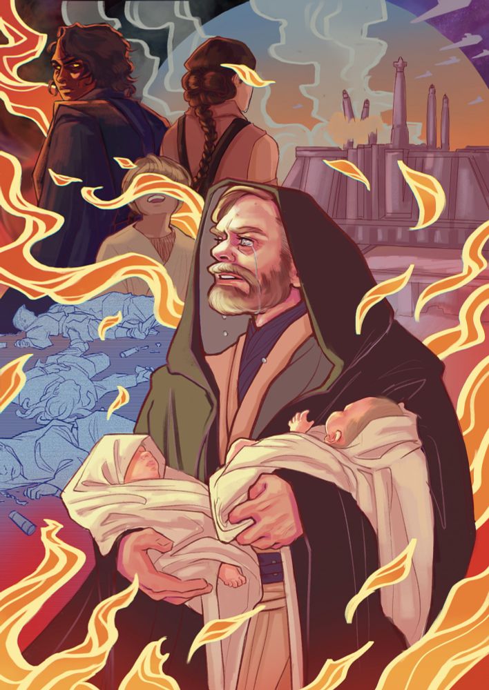 Revenge of the Sith theme: Obi-Wan in foreground holding newborn baby Luke and Leia swaddled in blankets in his arms while he looks off to the distance with tears in his eyes, flames all around him, in the background are the holos of the Jedi younglings Anakin killed and the destroyed Jedi temple, in the background Anakin looks back with Sith eyes, little Anakin is smiling, his eyes covered by flames, behind them both I’d Padmé with her back to them all
