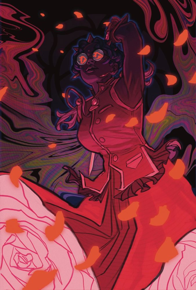 Looking up at Anthy Himemiya, her the skirts of her dress swirling up into a rose pattern, she has one arm lifted holding the sword of Dios as if she's about to bring it down on the viewer, her eyes are red and there is a wind blowing glowing red rose petals around and the background has a psychedelic wavering to it with the rose crest faintly seen in the far background behind her head 