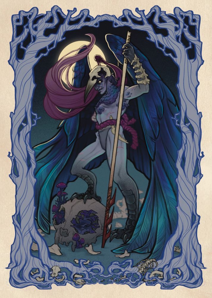 Digital Illustration of a dark fairy with raven wings standing in the center of the composition, bird like feet with one foot and claws on a small animal skull and other bones scattered around the bottom of the composition and intertwined with the treelike design of the boarder, the background is dark with a bright moon behind the figure's head, one glowing eye looking out at the viewer under a skull helmet, the figure holds a bloody spear up with a lawed hand and a spine bone arm brace. 