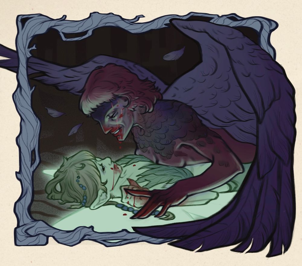 Dark fairy with raven like wings that are spread around them lays atop another bright green and glowing smaller fairy trapping them to the ground, the dark fairy looks down at them alluringly with a bloody mouth that drips down onto the green fairy's mouth that is also bloody. The dark fairy's bloody left hand lays over the green fairy's bloody fist. The image is encoded in a boarder of twisting branch shapes 