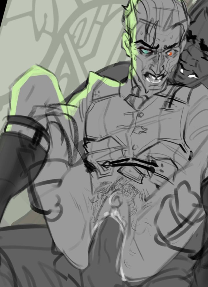 grayscale sketch + green backlighting of timeskip Silco being held up in young Vander's lap, his pussy to the viewer and stuffed with Vander's huge cock, Silco is still clothed waist up with his clothing in disarray and wearing sock garters, he's sweating and somewhat panicked as Vander presses his face against Silco's cheek and moans.