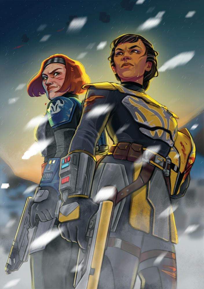 Bo-Katan Kryze and Ursa Wren stand back to back, gazing into the distance. Each is dressed in her Mandalorian armor, without a helmet, and holds an unholstered blaster at her side. Ursa holds her helmet in her other arm, blood streaking the yellow paint.