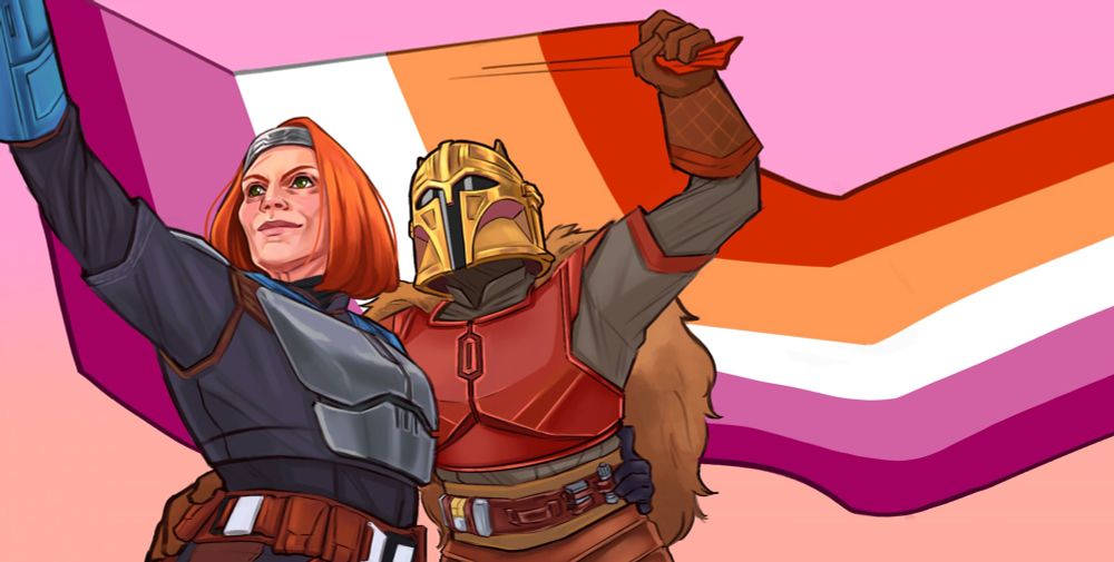 Bo-Katan Kryze and the Armorer standing with arms around each other, together both holding up a lesbian pride flag flowing behind them while they look up and ahead 