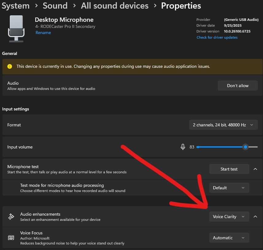 Windows setting page showing AI audio enchantments turned on