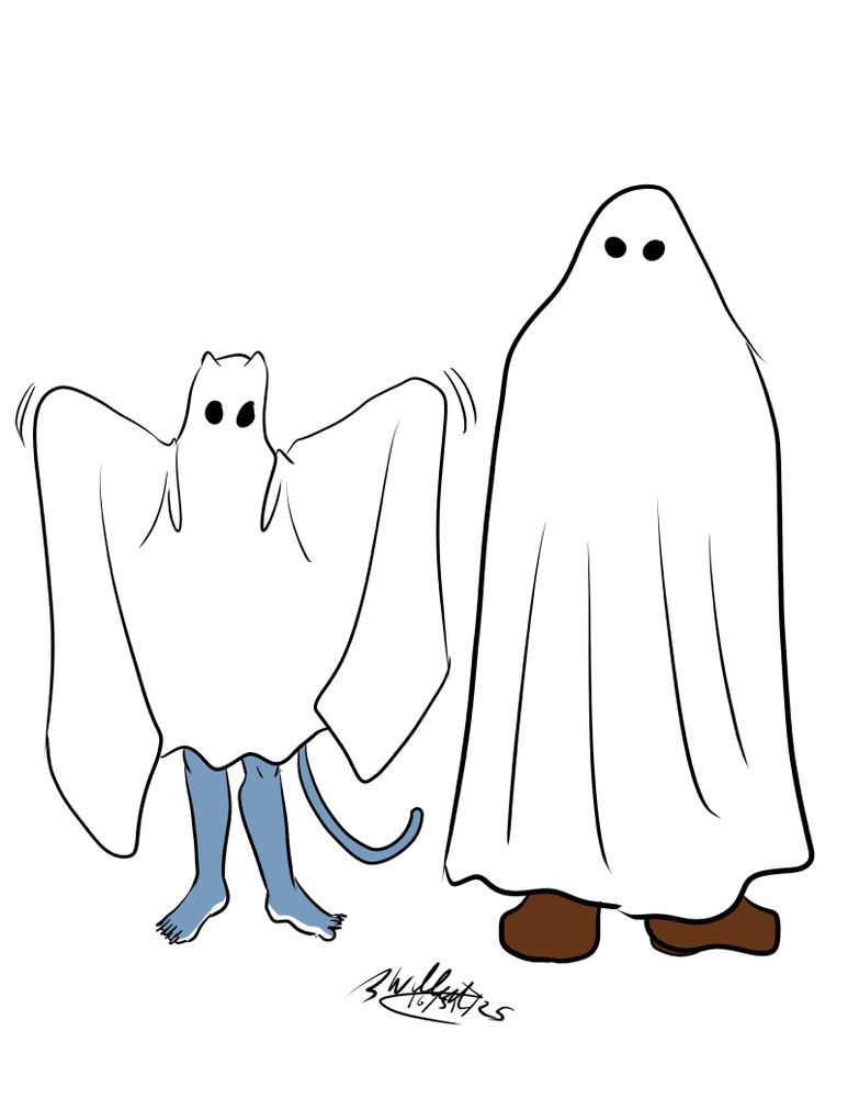 Incredibly low effort drawing as two people dressed as 'ghosts' with sheets over themselves. One is significantly taller than the other and you can see the smaller man's legs