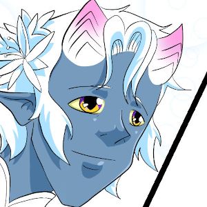 A blue skinned demon man looking up tenderly, there is a white flower behind one of his ears