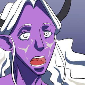 The stunned face of a purple skinned man with cracks of stone appearing