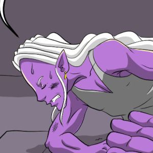 A scuffed up looking purple skinned man, pushing himself off the ground