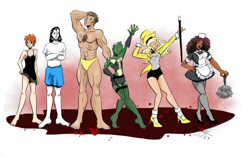 The cast of Midnight Menagerie dressed as the characters from The Rocky Horror Picture Show including Shawn as Janet, Rob as The Creature, etc