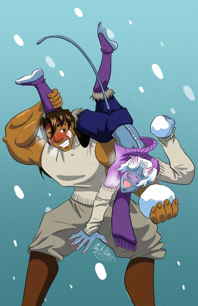 A large muscular man is holding the leg of a smaller demon man who is slung over his back, the smaller demon man is about to throw a snowball and the larger man is about to shove an even bigger snowball in the smaller man's face. They are both smiling and laughing