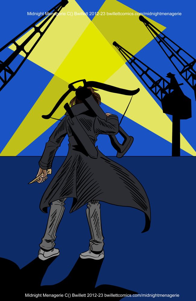 Comic cover showing a figure with his back to the viewer holding a crossbow, mostly in shadow. There are spotlights and the silhouette of cranes in the background