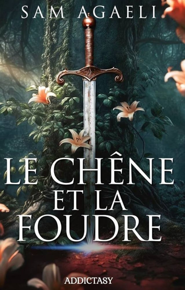 Couverture du livre « Le chêne et la foudre » de Sam Agaeli aux éditions Addictasy. On y voit une épée plantée dans le sol (qui y fait une étincelle bleu blanc rouge) entourée de plantes comme du lierre et des fleurs blanches, tout le long de la lame et de la garde. 