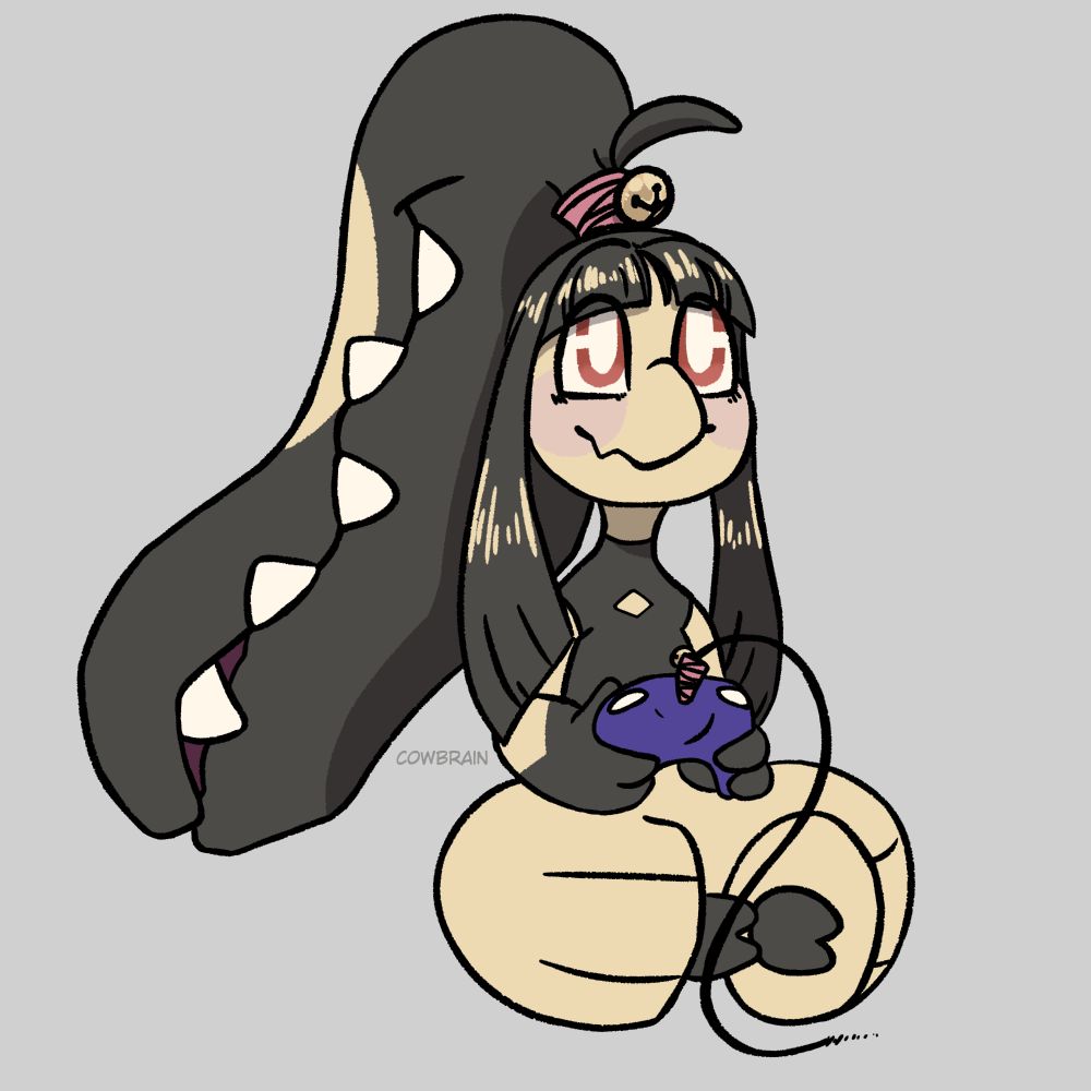 A Mawile (Pokemon) sitting with a controller in their hands, looking offscreen at a TV while they play a game. The Mawile has a pink wrap and bell holding their 'ponytail' up. This same wrap is present on the controller's cord.