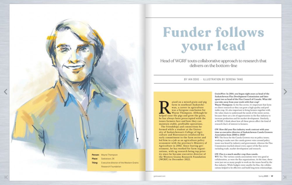 Screenshot of a magazine spread that's digitized to be read online. On the left is an illustrated portrait of a man, and on the right is the story. Title of the story is "Funder follows your lead." The portrait has an oil painting look, with yellows and oranges highlighting the left side of the portrait.