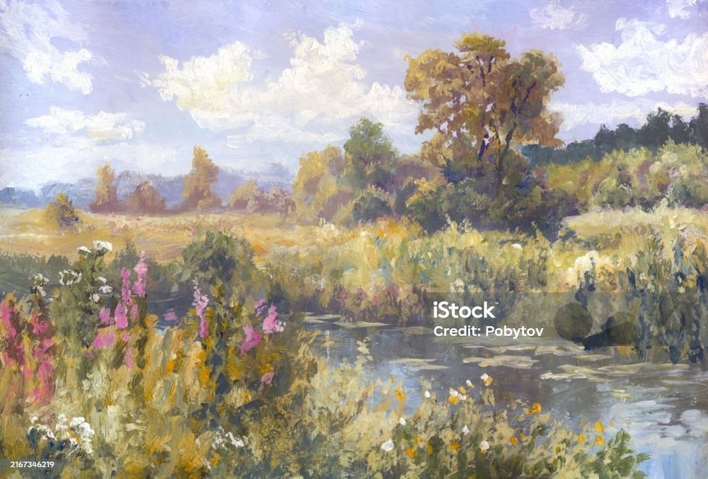 Impressionistic acrylic painting of meadow with a river running through it and trees in the background
