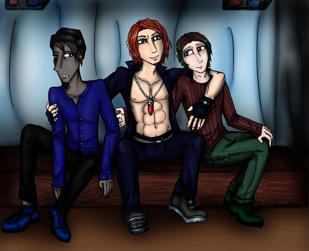 Lucas has his arms around his beloved Daren and reluctant Leer as they sit on a podium.