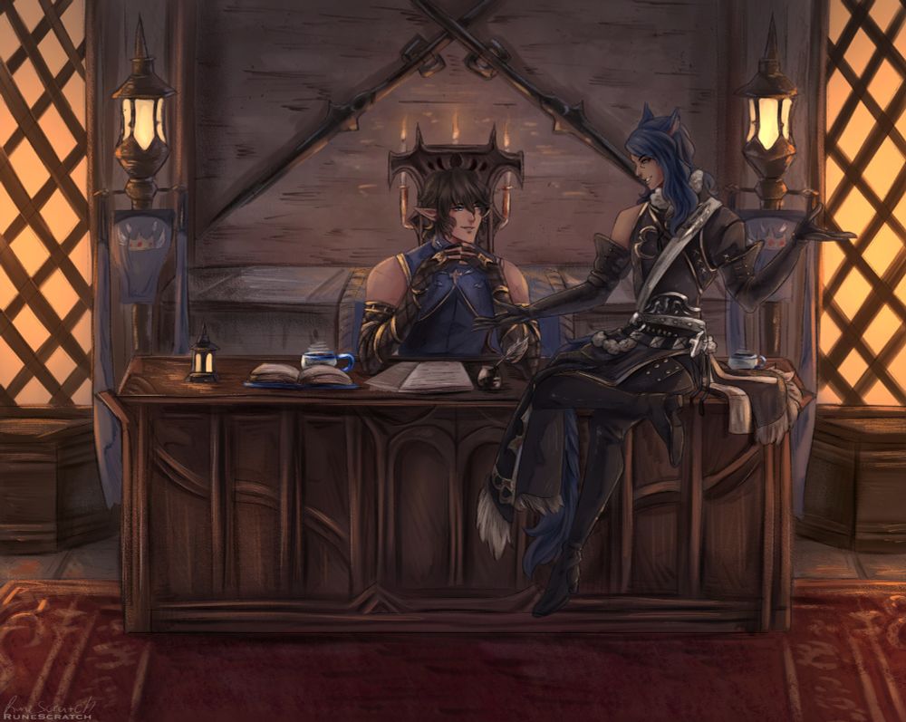 Katias, Warrior of Light, conversing with Ser Aymeric as he perches on the Lord Commander's desk. Art by @/runescratch!