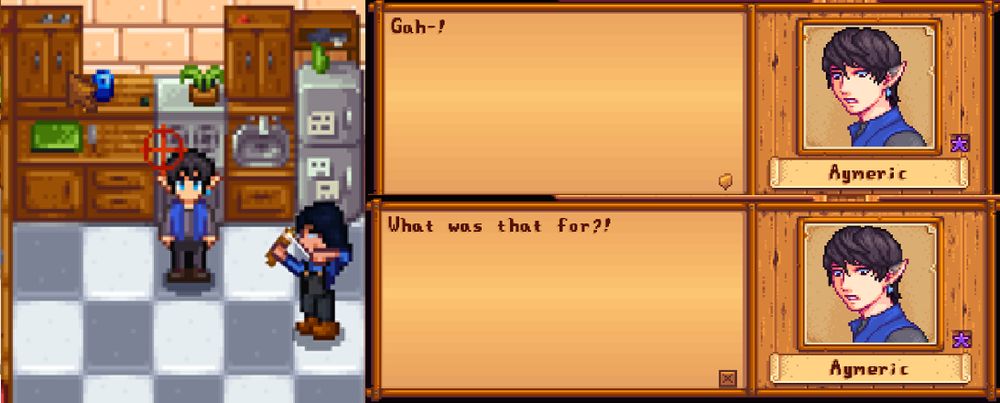 The Stardew Valley farmer takes aim with a slingshot. He takes the shot. Aymeric, mildly annoyed and surprised, says "Gah-! What was that for?!"
