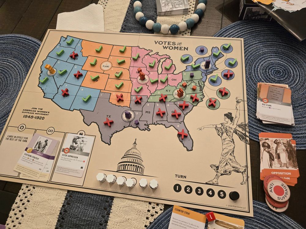 What should have been much closer due to numerous states leaning towards Women's Suffrage my Voter Supression card cause multiple votes to tie in a row picking me up extra No votes I needed to win.