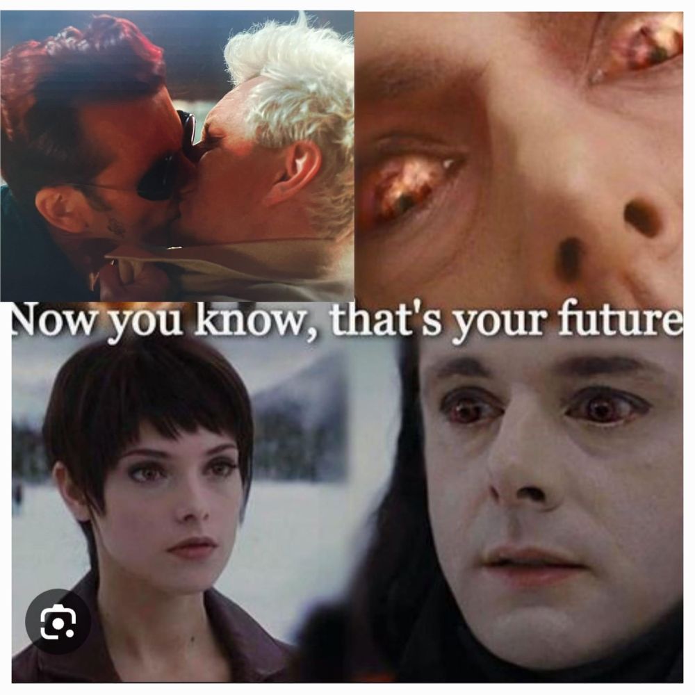 Season 2 good omens characters kissing above Alice from twilight and aro with the text “now you know that’s your future”