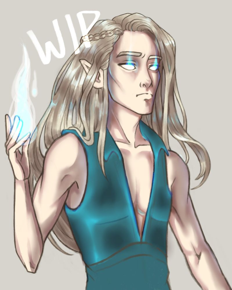 A half-body digital illustration of an elf with long, light hair and fair skin. His posture is imposing, he is wearing a turquoise vest and holding a blue flame that reflects its light on his hair and clothes. There are blue flames also in his eyes.