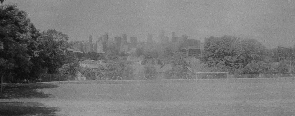 Monochrome photo of downtown Vancouver