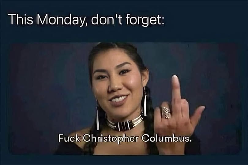 Image shows a smiling Indigenous woman with dark braids giving a middle finger to the camera. 