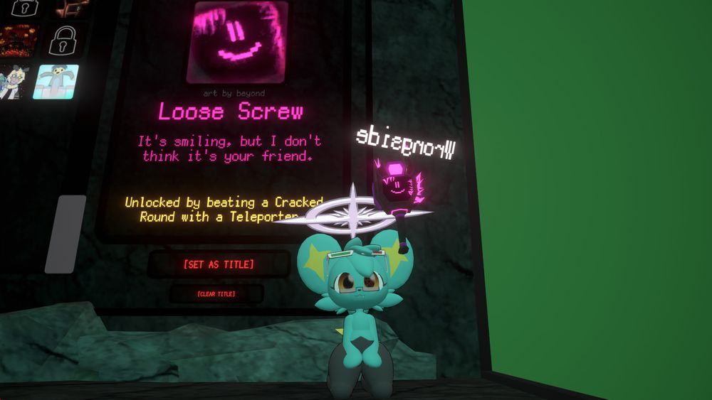 Crayon plush proudly showing off the item variant of a teleporter he unlocked along with its achievement, which is unlocked by surviving a cracked round while holding the normal teleporter (Which for me it was cracked snail lol)
