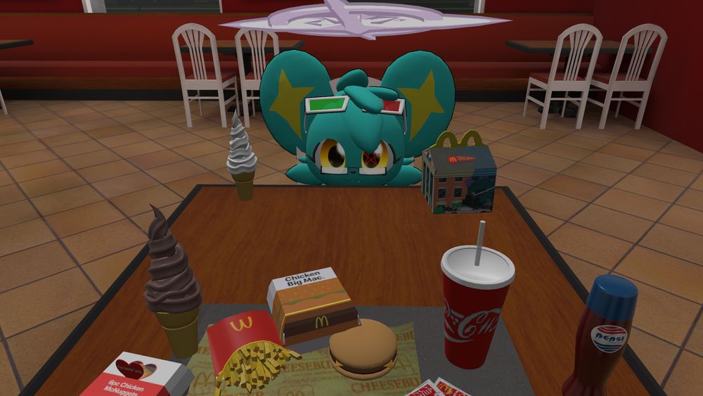 Crayon plush looking up at you (the viewer) after buying you a bunch of items
