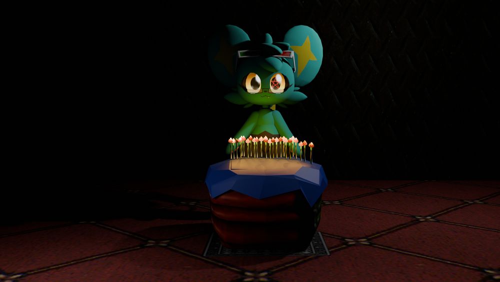 Crayon plush presenting you their amazingly crafted cake, made from unknown organic materials. Presented in a carpeted room, the cake is on top a card so it isnt exposed to the floor