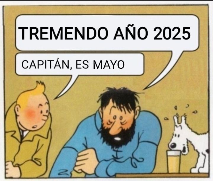 Meme de Tintín y el capitán Haddock en el que el capitán  dice "tremendo año 2025" Y Tintín le responde "capitán, es Mayo"
El capitán esta apoyado sobre la mesa con un vaso de alcohol y aspecto agotado   y Tintín esta a su derecha también está el perro Milú subido a la mesa.