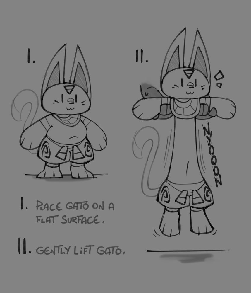 Doodle featuring a chibi Seth (Tomb Cats) in 2 separate depictions. The first one he's just vibing, while the second he's being lifted by a mysterious pair of arms as his body stretches comically like the long cat from the meme.

The text reads:
I. Place gato (cat in Portuguese / Spanish) on a flat surface.
II. Gently lift gato. 
