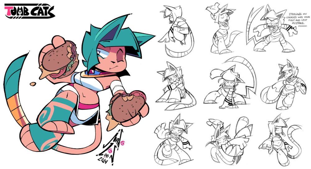 Concept art featuring a cartoony anthro cat girl character (Morgana from Tomb Cats). She runs as she holds a humburguer on each hand. There's also an assortment of concept doodles featuring her on various poses.