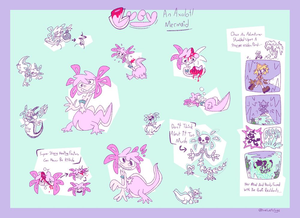 a ref sheet/doodle page of my character lucy. as shown, she was an adventurer that got mutated into some sort of axolotl mermaid after swimming in a contaminated pond in a cave.
the new axolotl genes also granted her the ability to instantly regenerate any part of her body, basically making her immortal.

(hi this is like,, the first time i ever made a ref sheet i think? this was honestly super fun though! 
although, i, uh, made no attempts to stay on-model at any point.
uh, you can think of it as more of a reference for her vibes, rather than her proportions, ya know?)

(oh right second tidbit: this character is like super old and i wanted to bring her back for fun cause i still really like her ok that's all bye bye)