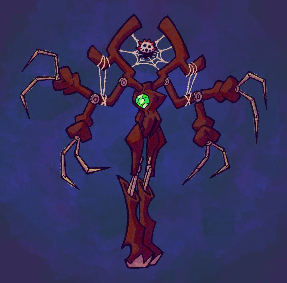 a spiny backed orb weaver spider that is suspended in a net. the net is hanging between the antlers of a wooden deer skull that itself makes up the torso of a marionette suit operated by the spider.

hi i drew this yesterday. might revisit it later. I'm very happy but i can definitely also think of some ideas to improve this guy