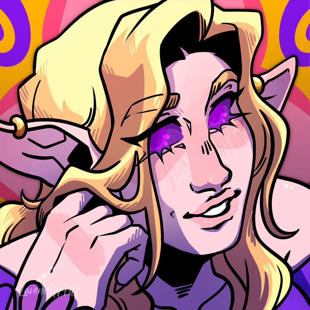 A square bust-up image of an elf with pale skin, large ears, and long blond hair. They have purple eyes and a soft smile, and they are wearing a sheer purple outfit, twirling their hair around one finger.