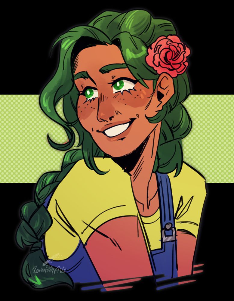 A bust sketch of a Stardew Valley farmer with tan skin, freckles, green eyes, and long green hair tied back in a loose braid. She wears a yellow t-shirt and overalls and has a pink flower tucked behind one ear, smiling openly.