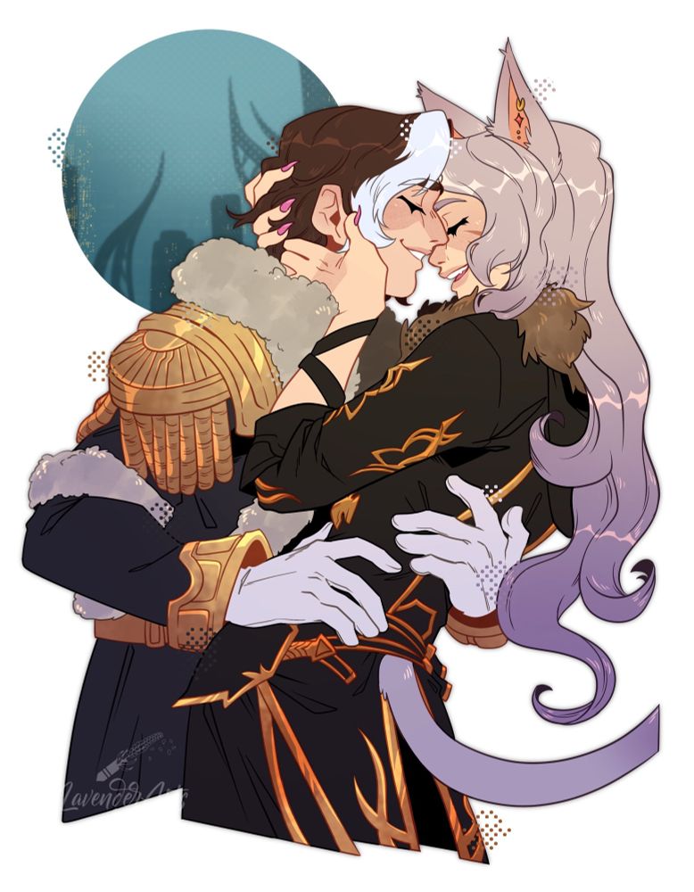 A waist-up lined drawing of Emet-Selch and a feminine Miqo’te from Final Fantasy 14. The Miqo’te has long silver hair and dark cloth armor, and she and Emet are embracing tenderly, touching foreheads.