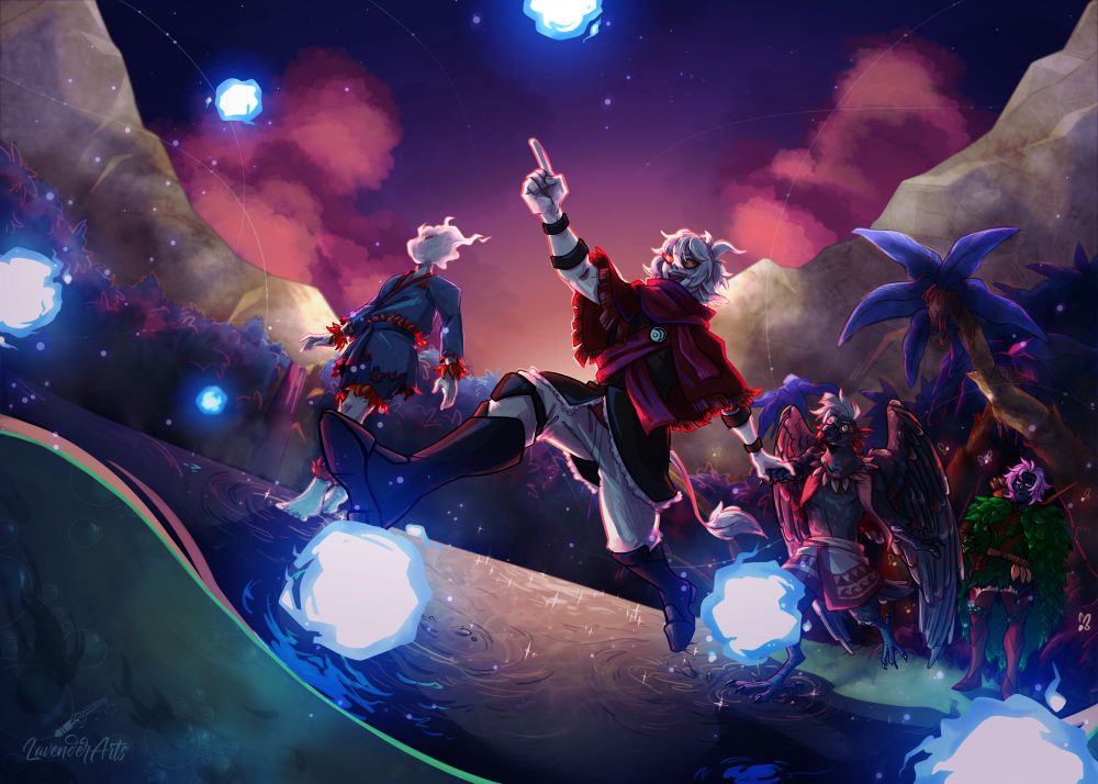 An illustration of a DnD party of four exploring a lake in the feywild at dusk. Little blue wisps float above the water's surface, enticing the party to walk out onto it after them. An excited Tiefling leads the way, pulling a Kenku by the hand; an air Genasi explores more cautiously while a pink-haired Drow stays behind on the shore, skeptical. Fish are shown in shadow under the water's surface, fireflies twinkle on the beach, and the water glitters with the sun's reflection. The forest surrounding the water is strangely colored and includes fantastical plants. The image feels mystical and exciting.