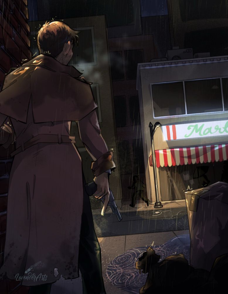 An illustration of a nighttime city street. Rain is pouring down and a man in a brown, ratty trench coat stumbles out of an alleyway, revolver in hand, eyes on a shadowy figure fleeing into another alley across the street. The lighting is atmospheric and dreamlike.