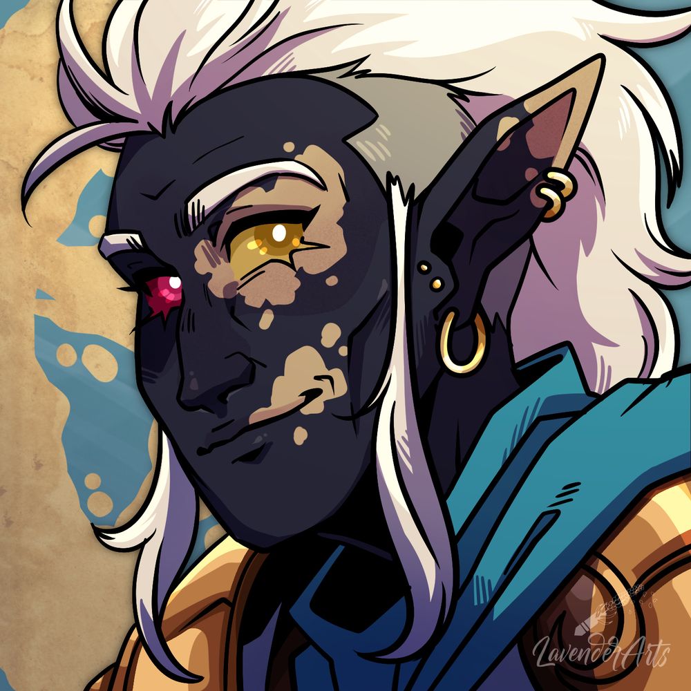 A square bust-up drawing of a Dunmer (dark elf) with dark navy skin; he appears to have a vitiligo-like condition with patches of yellow skin around his mouth, ears, and eyes. He has long white hair styled in a chelsea mohawk; his eyes are gold and red, he has several ear piercings, and he wears gold armor with a teal cape. He is smiling mischievously.