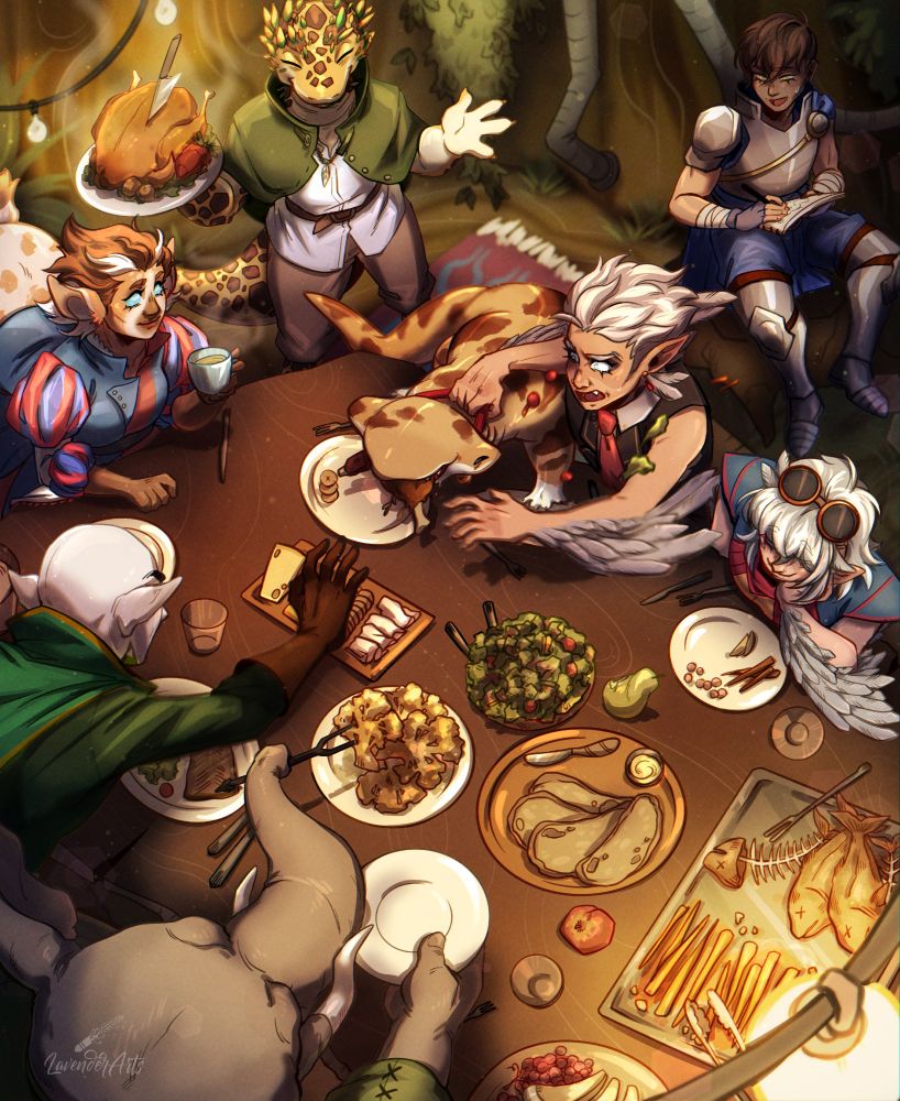 A large illustration of a 7-person Dungeons and Dragons party gathered around a large table full of various dishes of food. They are filling their plates and scrambling to stop their hammerhead shark-dog from climbing on the table and eating everything. The party consists of two harpy siblings with silver hair and feathers on their arms; a goat centaur with brown and white coloring and silky blue and red clothing; a human with brown hair, iron armor, and a blue cape who is drawing in a sketchbook; a gecko-like kobold with brown spots and green feathers growing out of his head who is the chef, carrying a roast chicken; a pale shadar-kai elf with a green cloak and a bald head; and a loxodon who is busily filling his plate. The food is intricately drawn and inviting; they are gathered inside of a hollowed out tree with lights strung up and foliage scattered around, and the lighting is warm and soft. The overall air is cheerful.