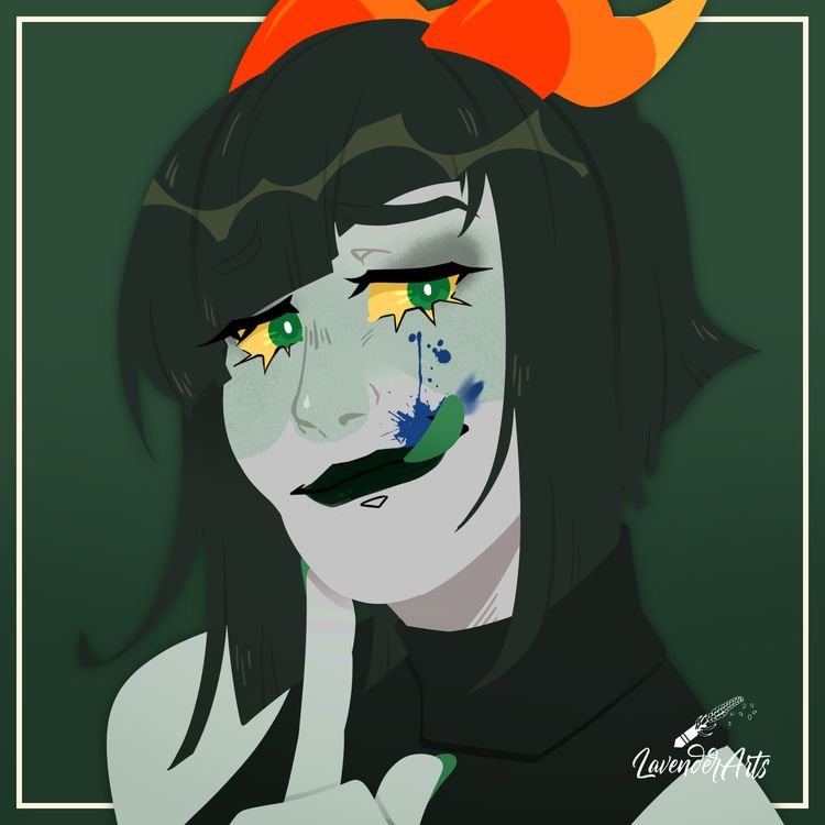 A lineless bust drawing of a Homestuck fantroll with gray skin, choppy dark hair, dark makeup, curved horns, and green eyes. She has a smug expression and holds a finger to her chin as she licks blue blood off her cheek.
