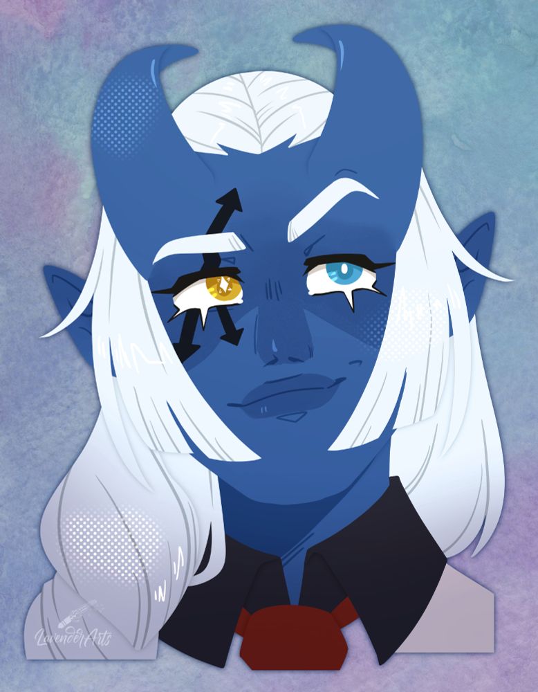 A lineless drawing of a blue Tiefling with curved horns and long white hair in a hime cut. She has arrows tattooed around one eye and a smug expression. One of her eyes is blue, and the other is gold with an unusual diamond-shaped pupil.