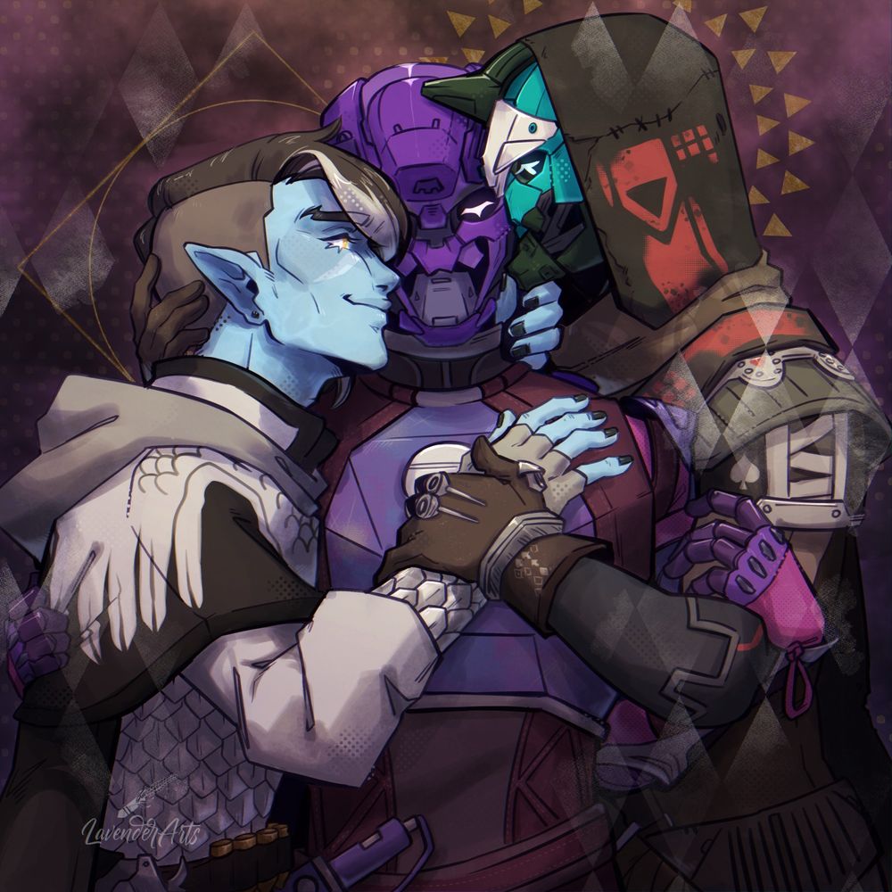 A lined and shaded drawing of Crow, an Exo Hunter Guardian, and Cayde-6 embracing romantically, shown from the waist up. The colors are vibrant and warm, and the image is softly shaded with some halftone elements and other texture in play.