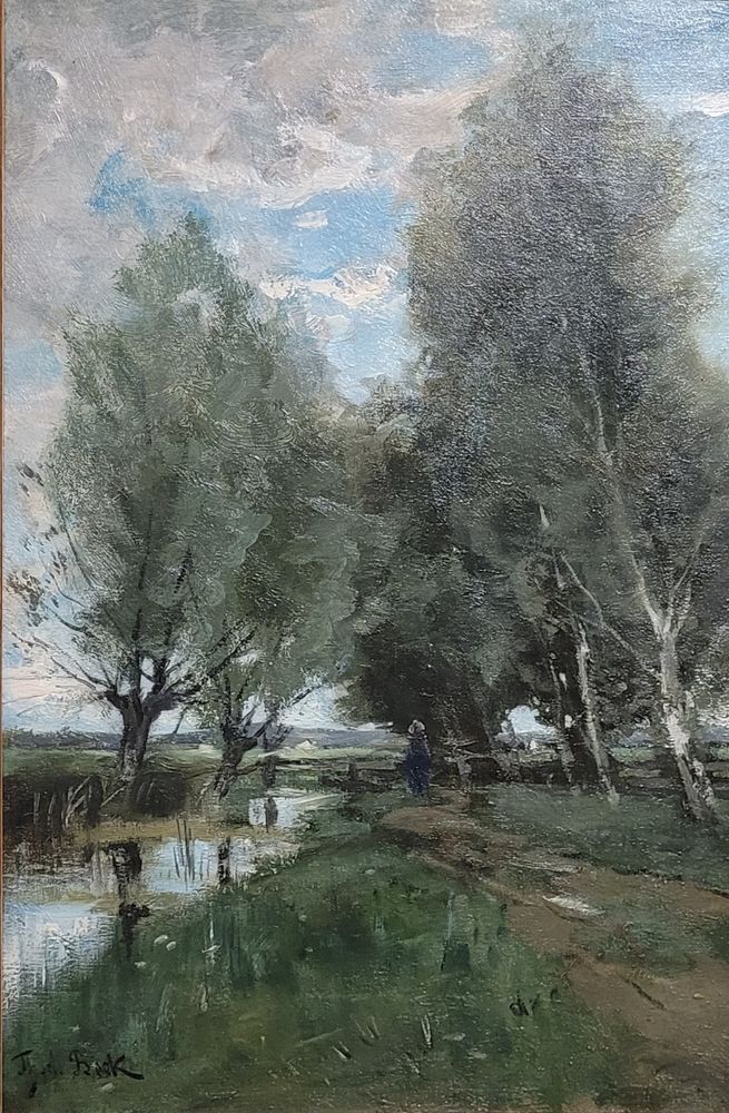 Théophile de Bock (1851-1904)
1880
Trees by the Water

Van Gogh Museum, Amsterdam 
oil on canvas /huile sur toile

Nous voyons des arbres se refléter dans l'eau, au bord d'un chemin, dans des tons verts et gris. Un peu comme les arbres aux feuilles argentées. Le ciel est couvert, mais on devine un peu de bleu. 

Extrait du cartel en anglais : 
"This is one of Theo's first personal purchases.
As a Dutchman in the Paris art market, Theo was an important contact for Théophile de Bock for he was in
a position to promote the latter's work."